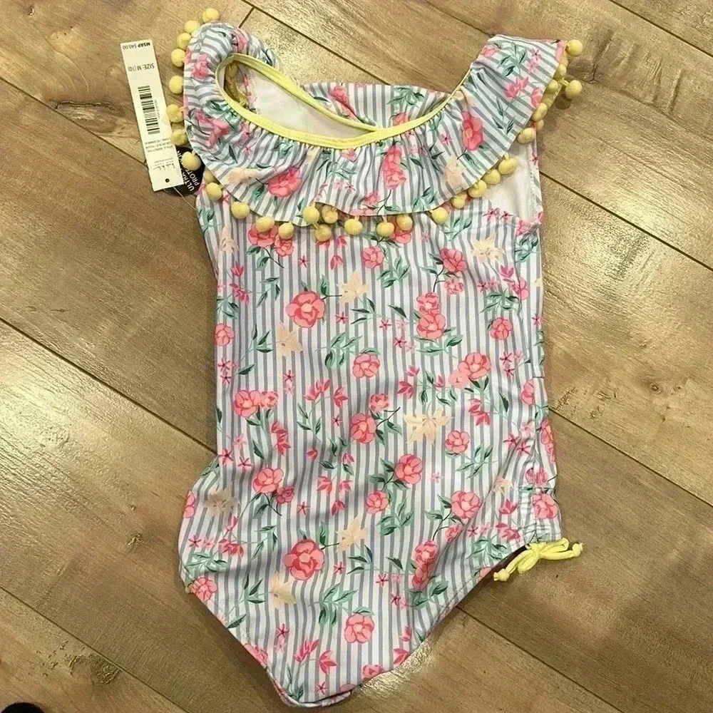 4/$25 NWT Nicole Miller One Piece Floral Striped Pom Pom Swim Suit Girls M (10)